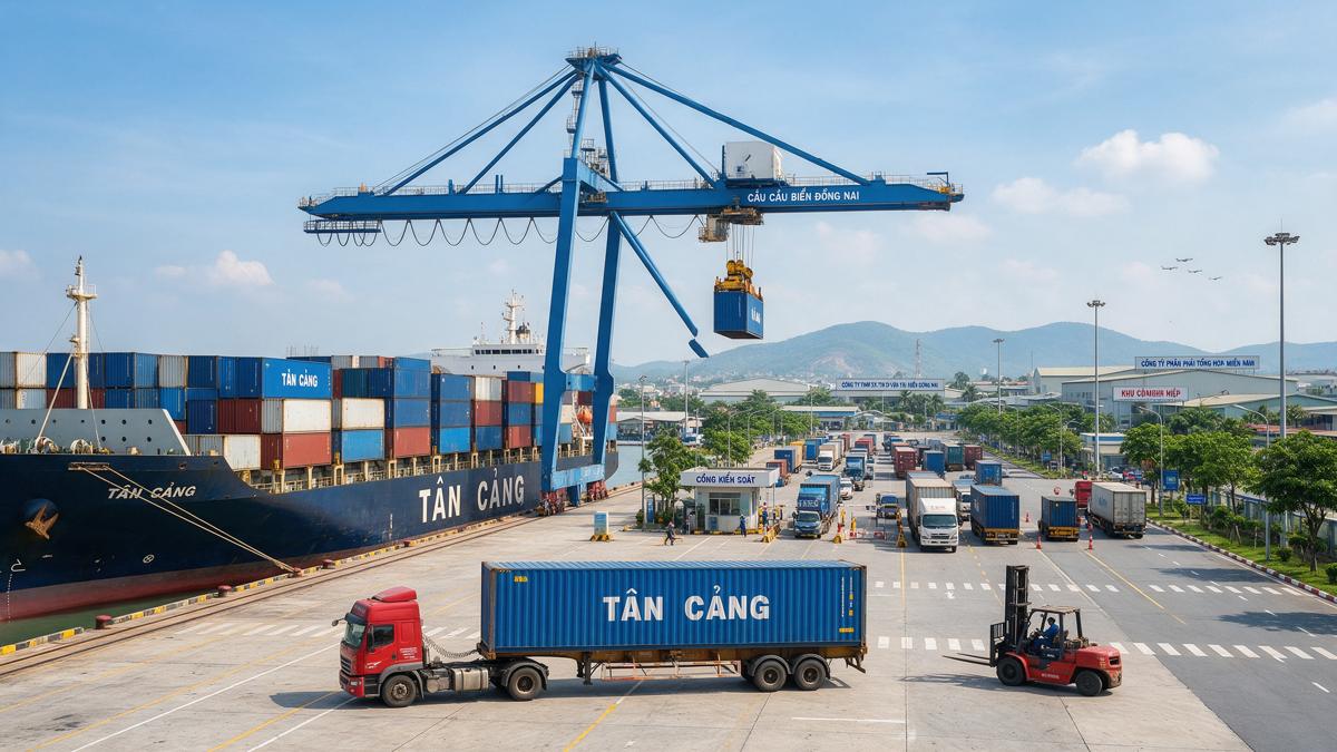 Cảng biển với tàu container và biển hiệu xuất nhập khẩu (ảnh minh họa)
